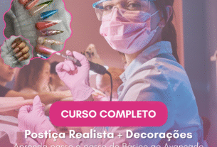 Mulher realizando aplicação de unhas postiça realista com máscara e óculos de proteção.