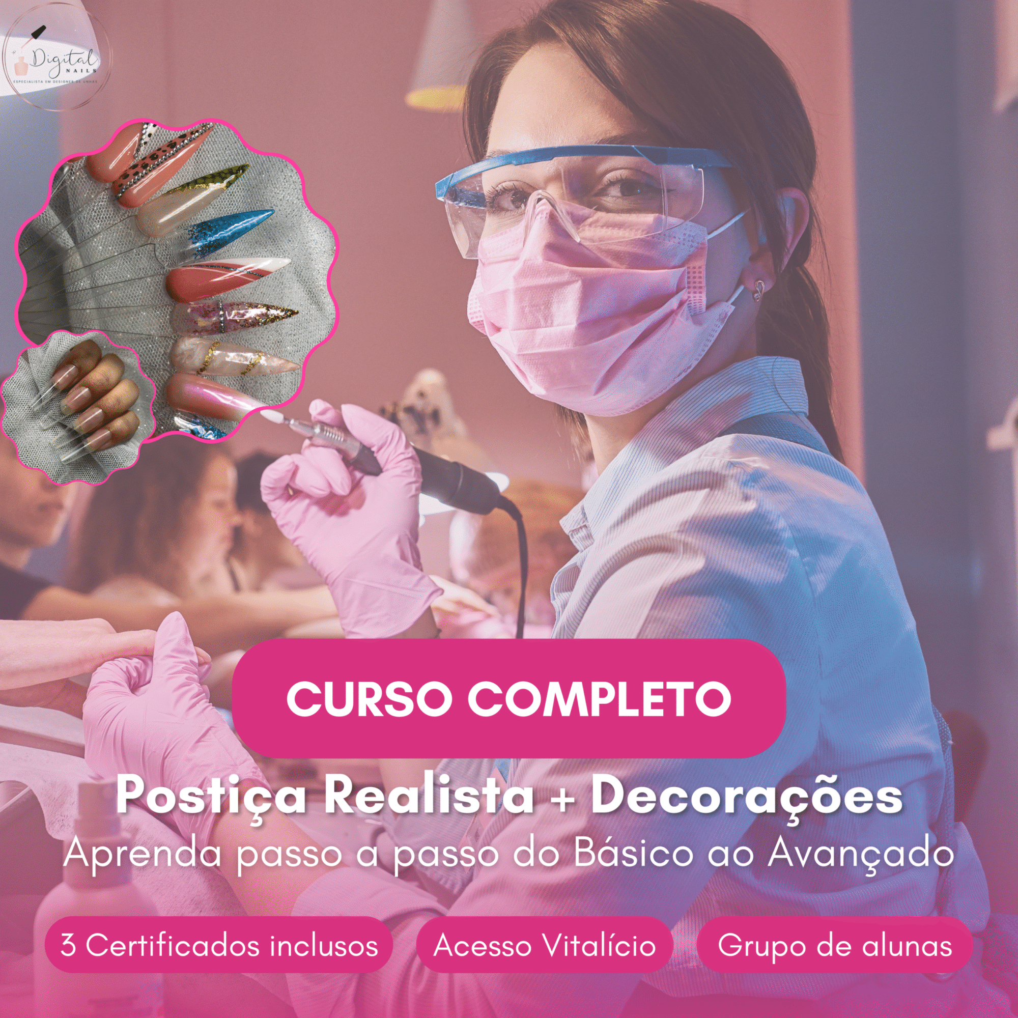 Mulher realizando aplicação de unhas postiça realista com máscara e óculos de proteção.