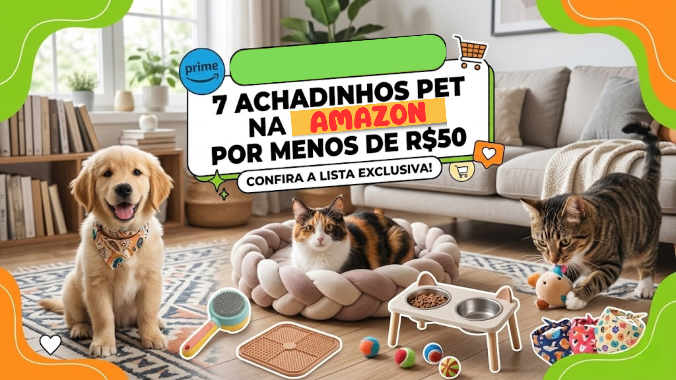 Montagem de produtos fofos para pets da Amazon Brasil, incluindo escova autolimpante e brinquedos interativos em tons pastéis.